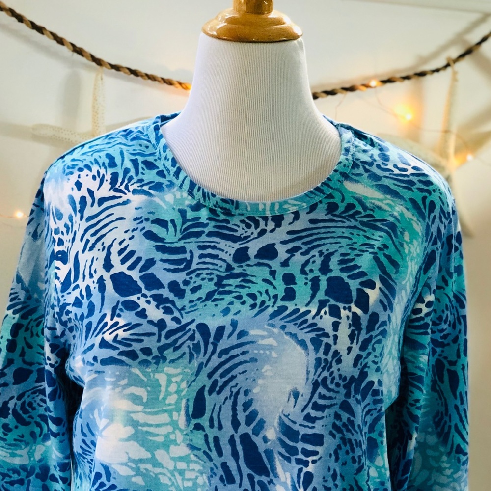 Blue Green Print T-Shirt 3/4 Sleeve L Cotton Blend